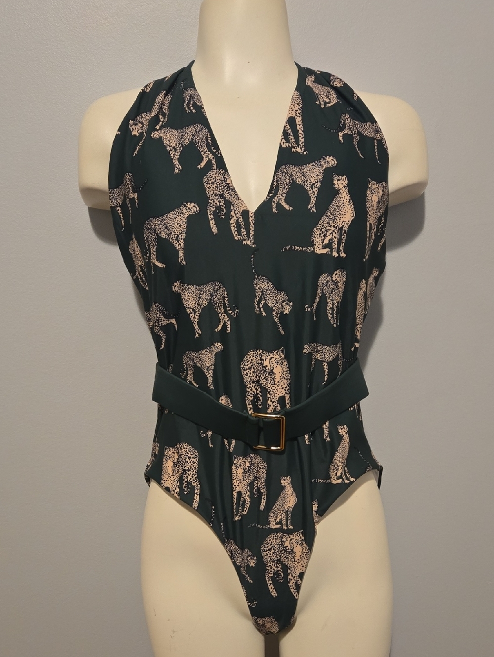 Green Halter One-Piece Swimsuit with Beige Leopard Print